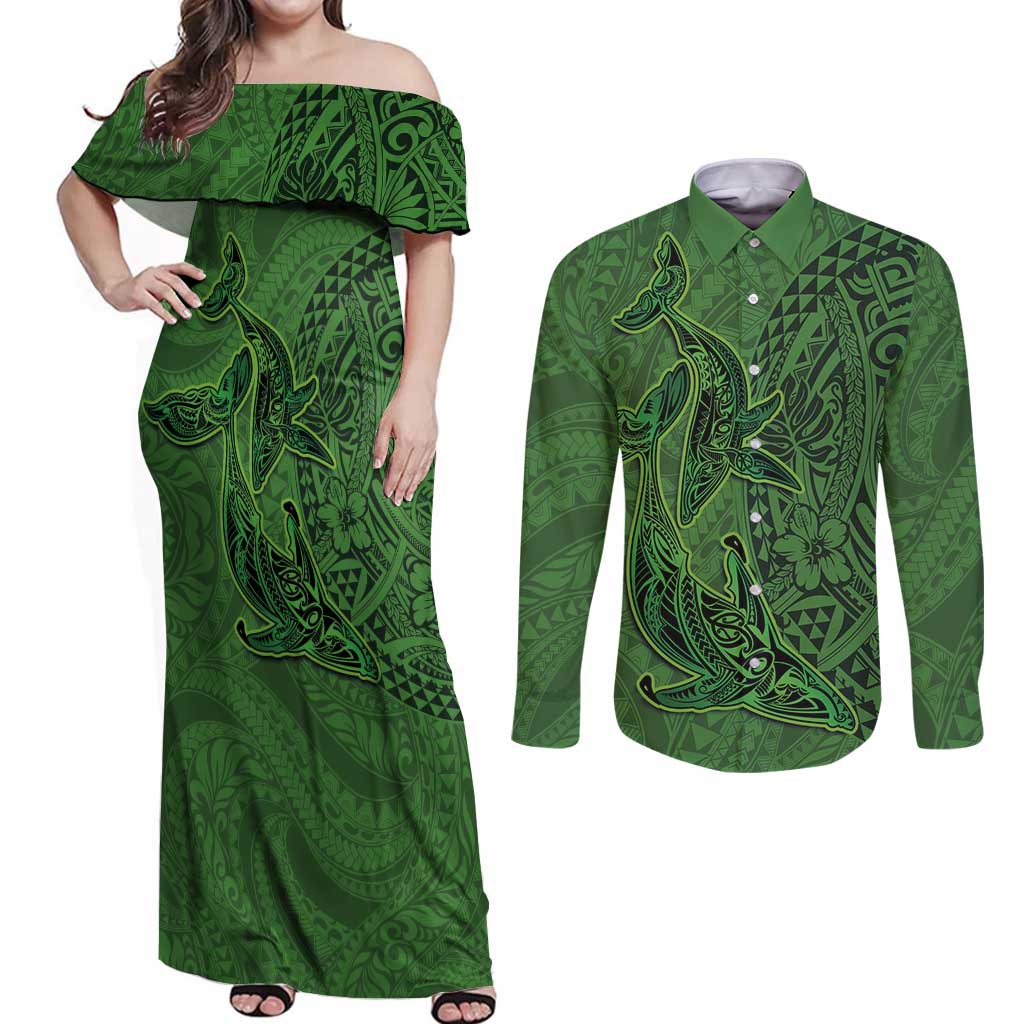 Hawaiian Whales Polynesian Art Motifs Couples Matching Off Shoulder Maxi Dress and Long Sleeve Button Shirt Green Color - Polynesian Pride