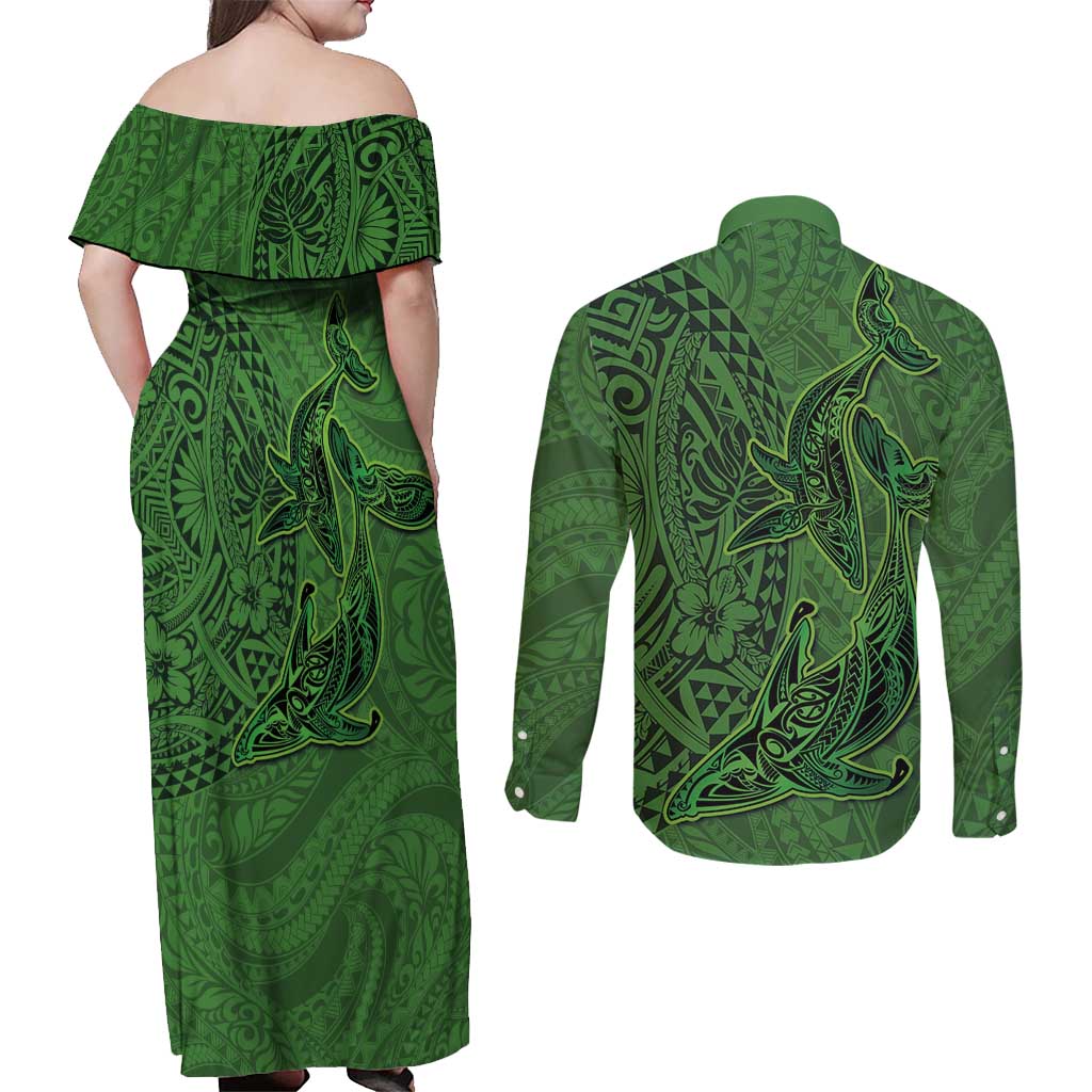 Hawaiian Whales Polynesian Art Motifs Couples Matching Off Shoulder Maxi Dress and Long Sleeve Button Shirt Green Color - Polynesian Pride