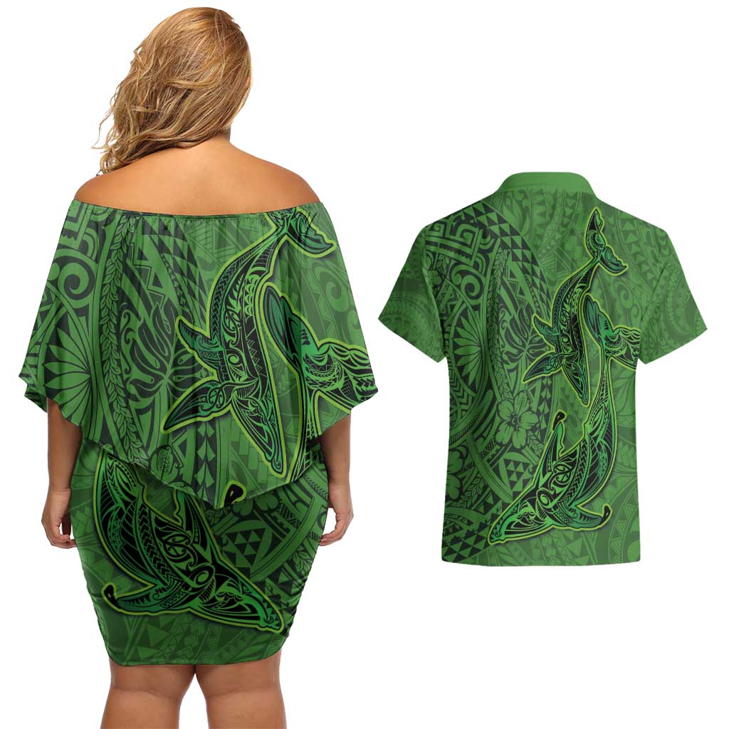 Hawaiian Whales Polynesian Art Motifs Couples Matching Off Shoulder Short Dress and Hawaiian Shirt Green Color - Polynesian Pride