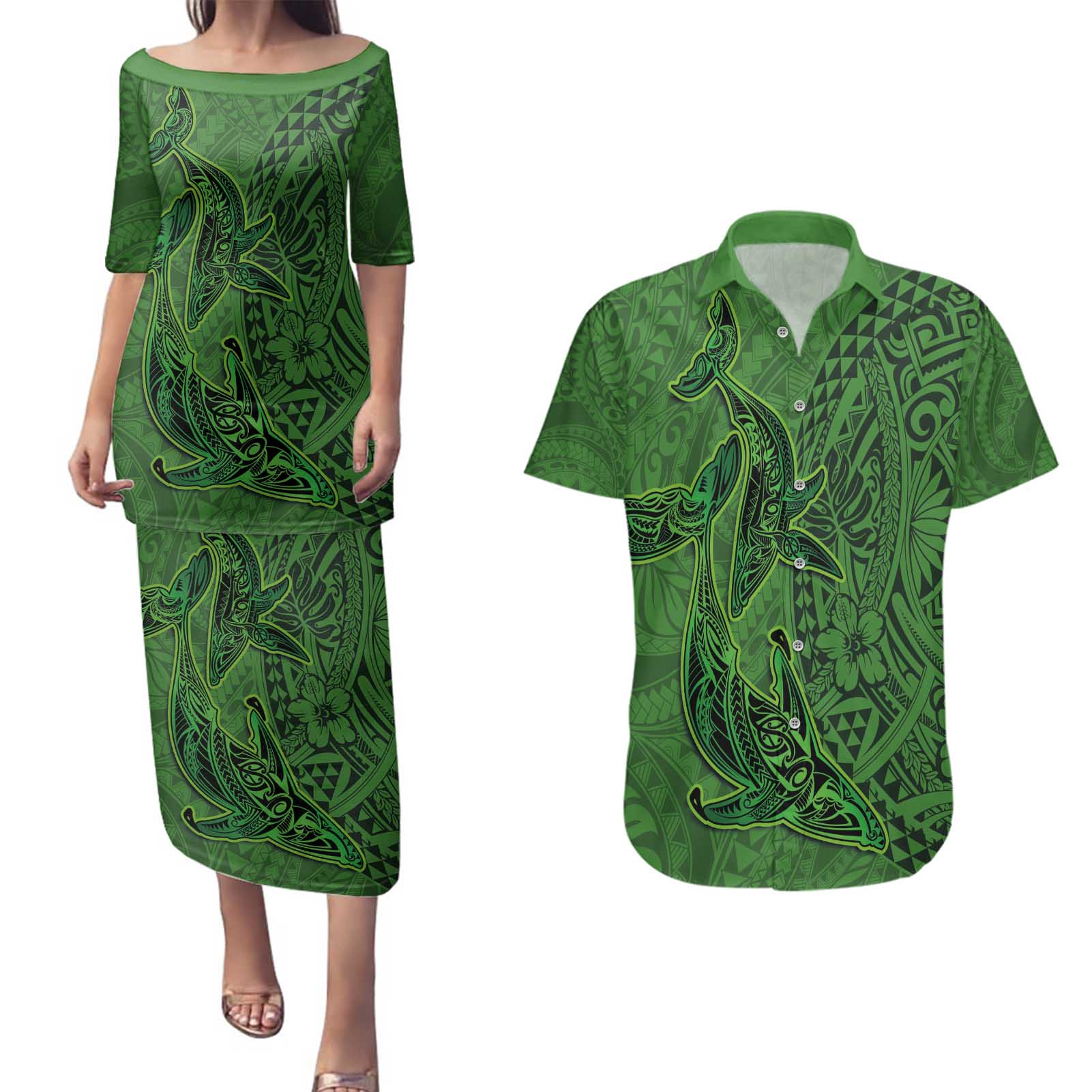 Hawaiian Whales Polynesian Art Motifs Couples Matching Puletasi and Hawaiian Shirt Green Color - Polynesian Pride
