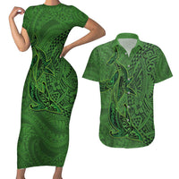 Hawaiian Whales Polynesian Art Motifs Couples Matching Short Sleeve Bodycon Dress and Hawaiian Shirt Green Color - Polynesian Pride