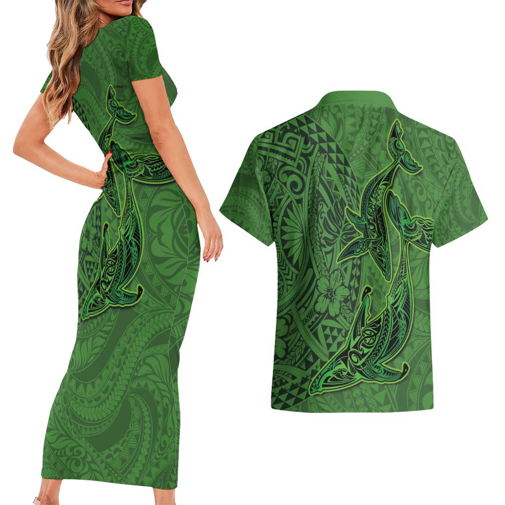 Hawaiian Whales Polynesian Art Motifs Couples Matching Short Sleeve Bodycon Dress and Hawaiian Shirt Green Color - Polynesian Pride
