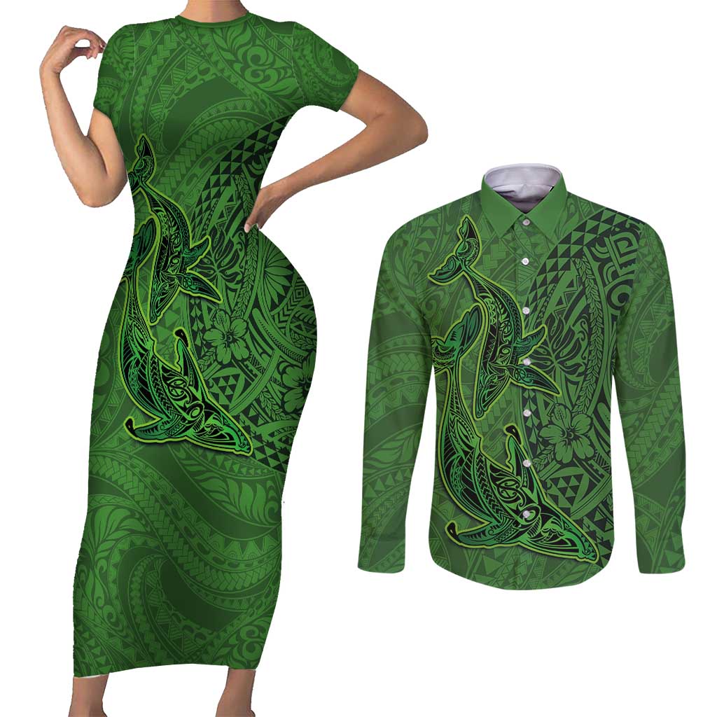 Hawaiian Whales Polynesian Art Motifs Couples Matching Short Sleeve Bodycon Dress and Long Sleeve Button Shirt Green Color - Polynesian Pride