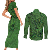 Hawaiian Whales Polynesian Art Motifs Couples Matching Short Sleeve Bodycon Dress and Long Sleeve Button Shirt Green Color - Polynesian Pride