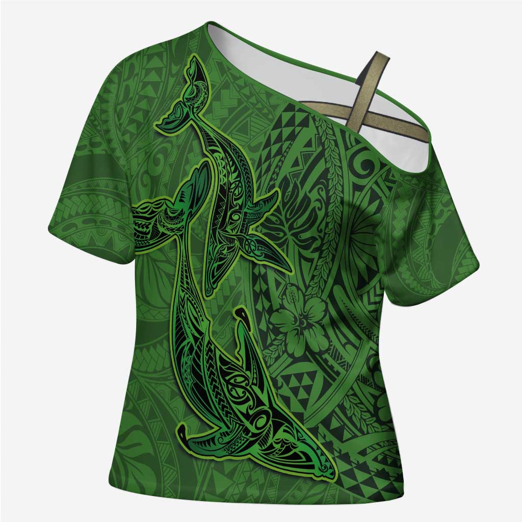 Hawaiian Whales Polynesian Art Motifs Cross Shoulder Shirt Green Color - Polynesian Pride