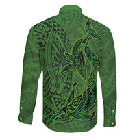 Hawaiian Whales Polynesian Art Motifs Family Matching Long Sleeve Bodycon Dress and Hawaiian Shirt Green Color - Polynesian Pride