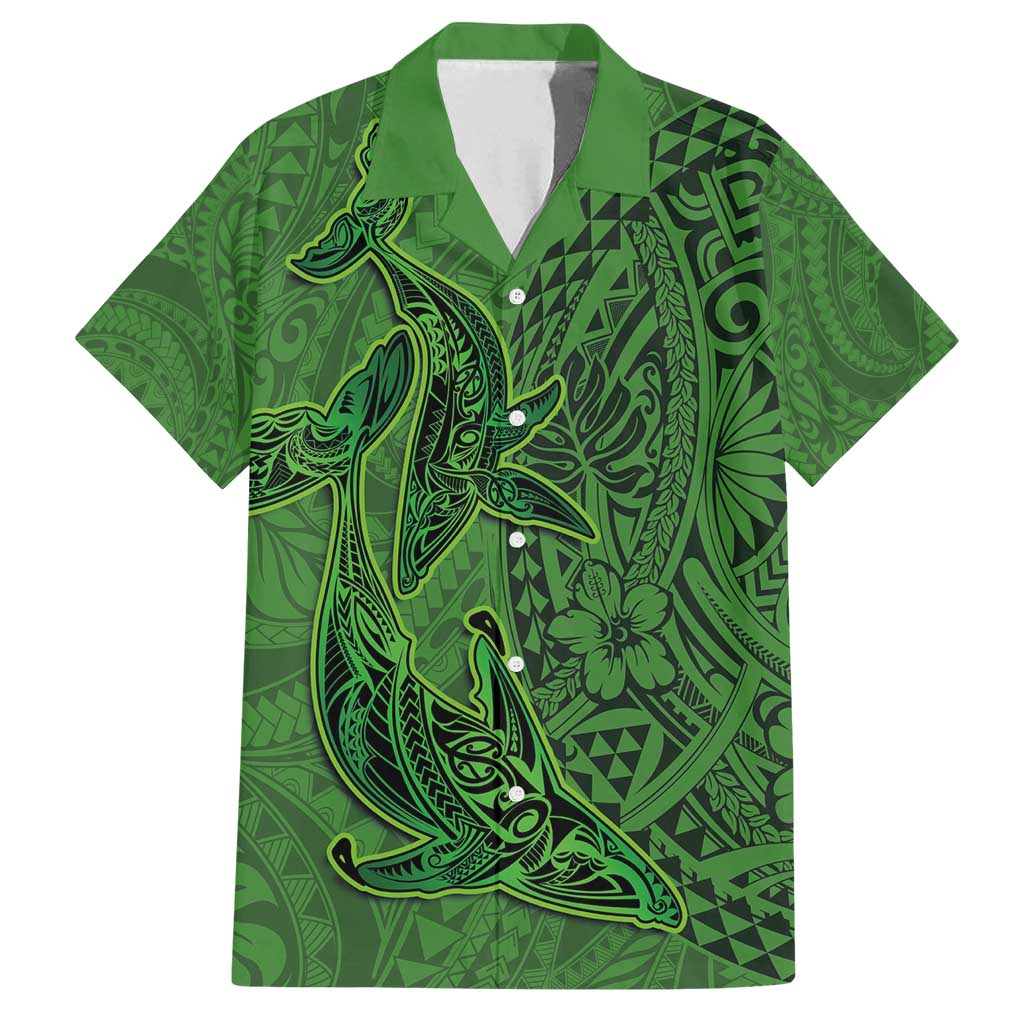 Hawaiian Whales Polynesian Art Motifs Family Matching Off Shoulder Short Dress and Hawaiian Shirt Green Color - Polynesian Pride