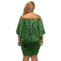 Hawaiian Whales Polynesian Art Motifs Family Matching Off Shoulder Short Dress and Hawaiian Shirt Green Color - Polynesian Pride