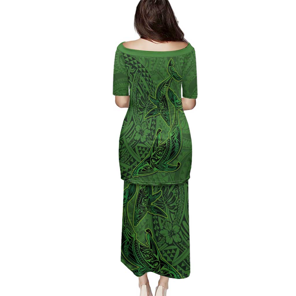 Hawaiian Whales Polynesian Art Motifs Family Matching Puletasi and Hawaiian Shirt Green Color - Polynesian Pride