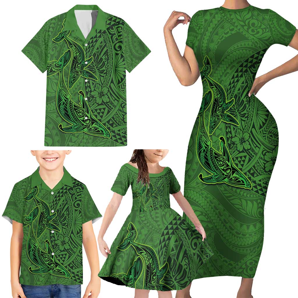 Hawaiian Whales Polynesian Art Motifs Family Matching Short Sleeve Bodycon Dress and Hawaiian Shirt Green Color - Polynesian Pride