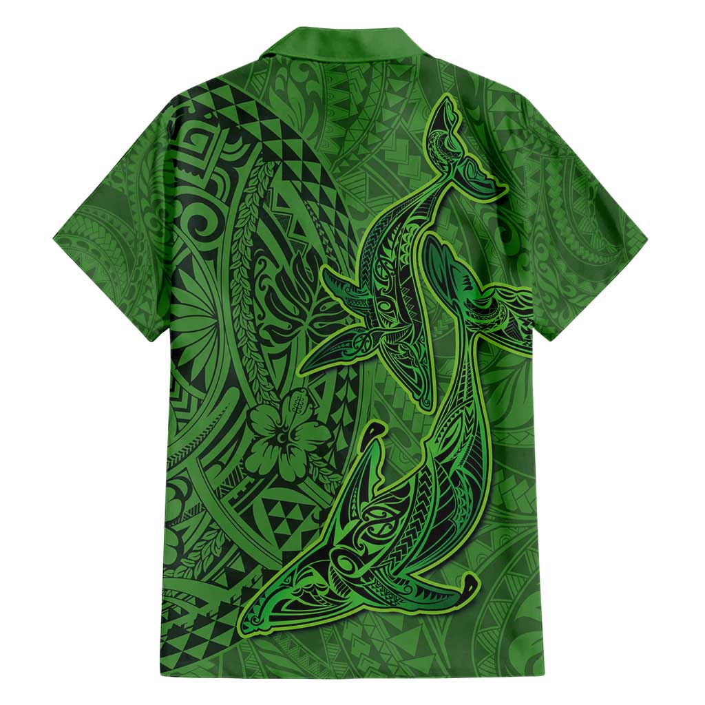 Hawaiian Whales Polynesian Art Motifs Family Matching Short Sleeve Bodycon Dress and Hawaiian Shirt Green Color - Polynesian Pride