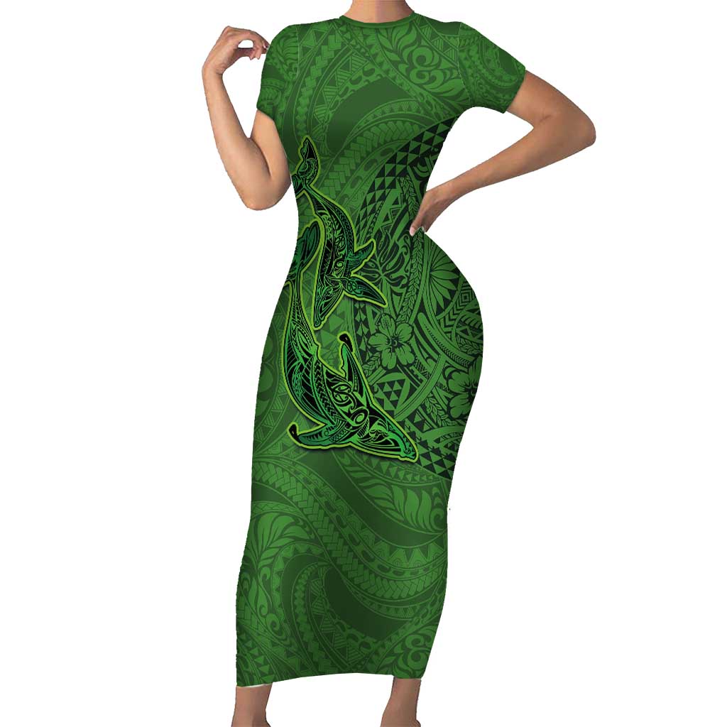Hawaiian Whales Polynesian Art Motifs Family Matching Short Sleeve Bodycon Dress and Hawaiian Shirt Green Color - Polynesian Pride