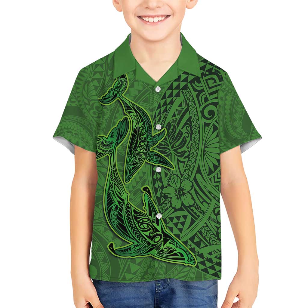 Hawaiian Whales Polynesian Art Motifs Family Matching Short Sleeve Bodycon Dress and Hawaiian Shirt Green Color - Polynesian Pride