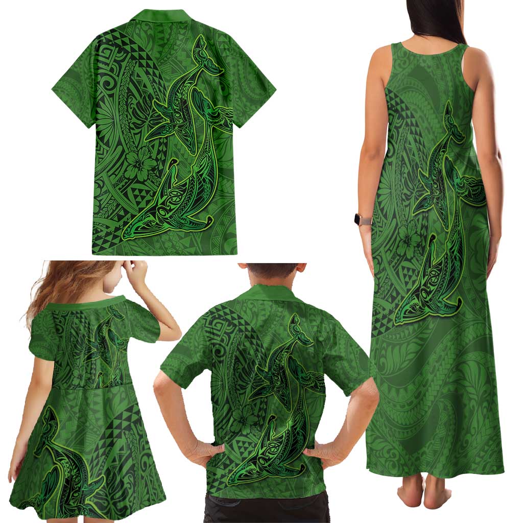 Hawaiian Whales Polynesian Art Motifs Family Matching Tank Maxi Dress and Hawaiian Shirt Green Color - Polynesian Pride