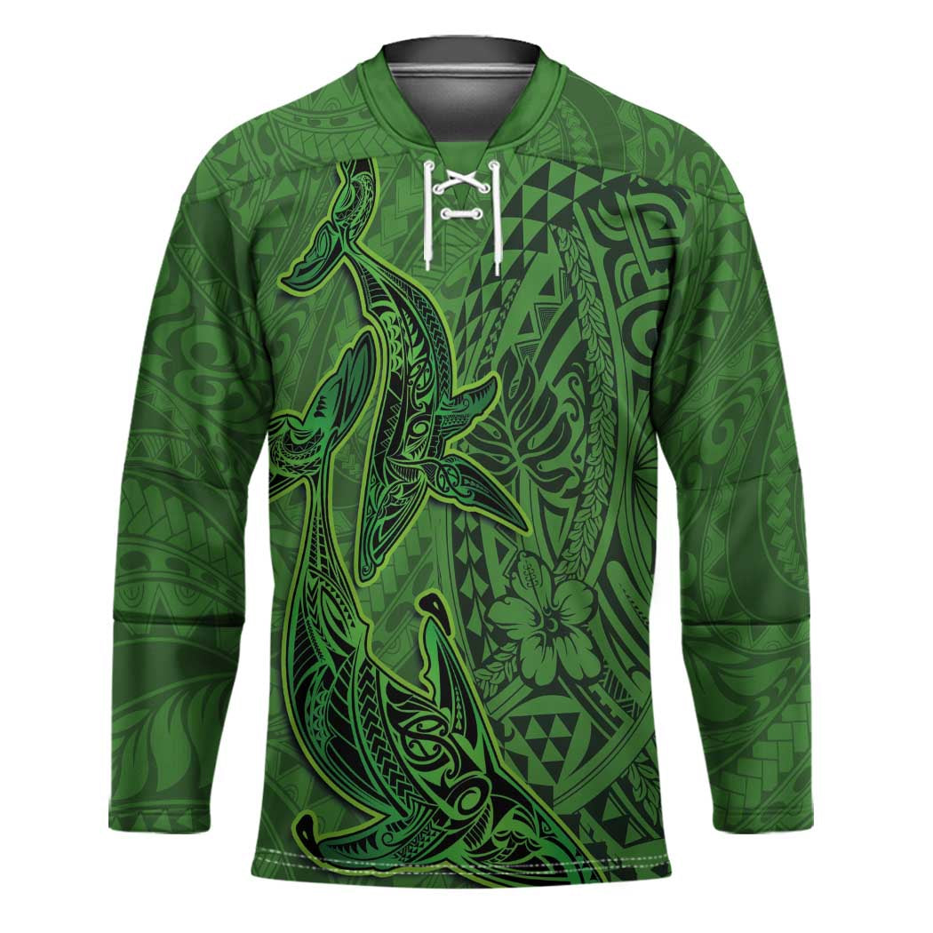 Hawaiian Whales Polynesian Art Motifs Hockey Jersey Green Color - Polynesian Pride