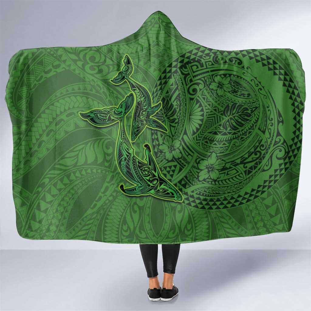 Hawaiian Whales Polynesian Art Motifs Hooded Blanket Green Color LT03 One Size Green - Polynesian Pride