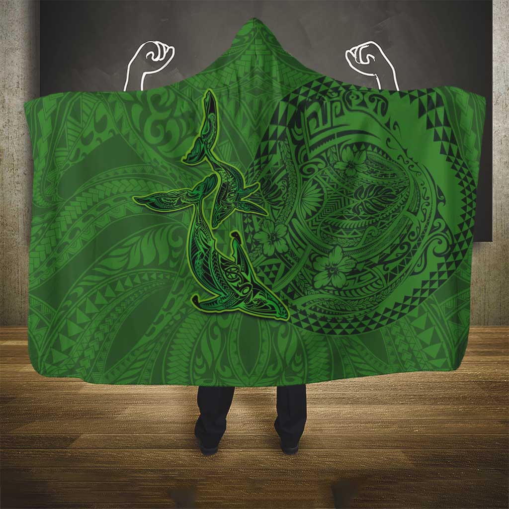 Hawaiian Whales Polynesian Art Motifs Hooded Blanket Green Color - Polynesian Pride