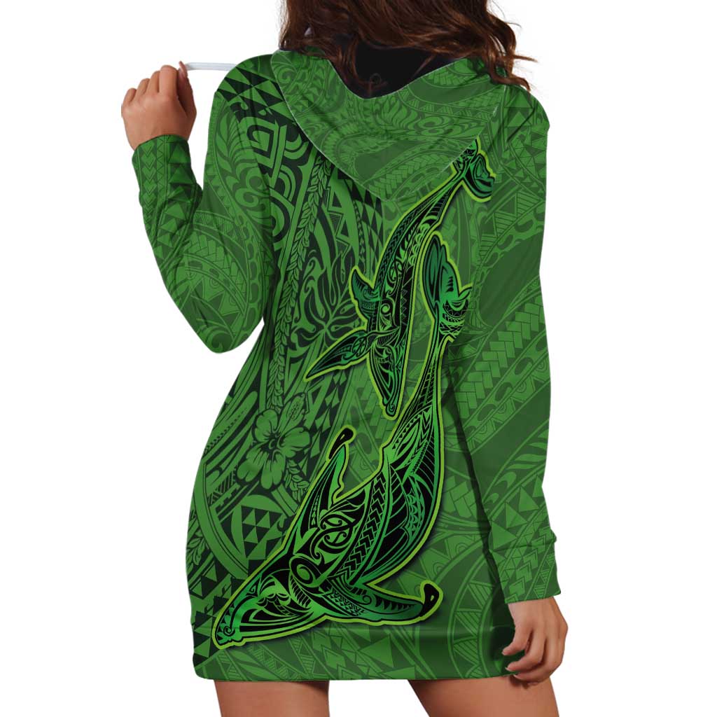 Hawaiian Whales Polynesian Art Motifs Hoodie Dress Green Color - Polynesian Pride