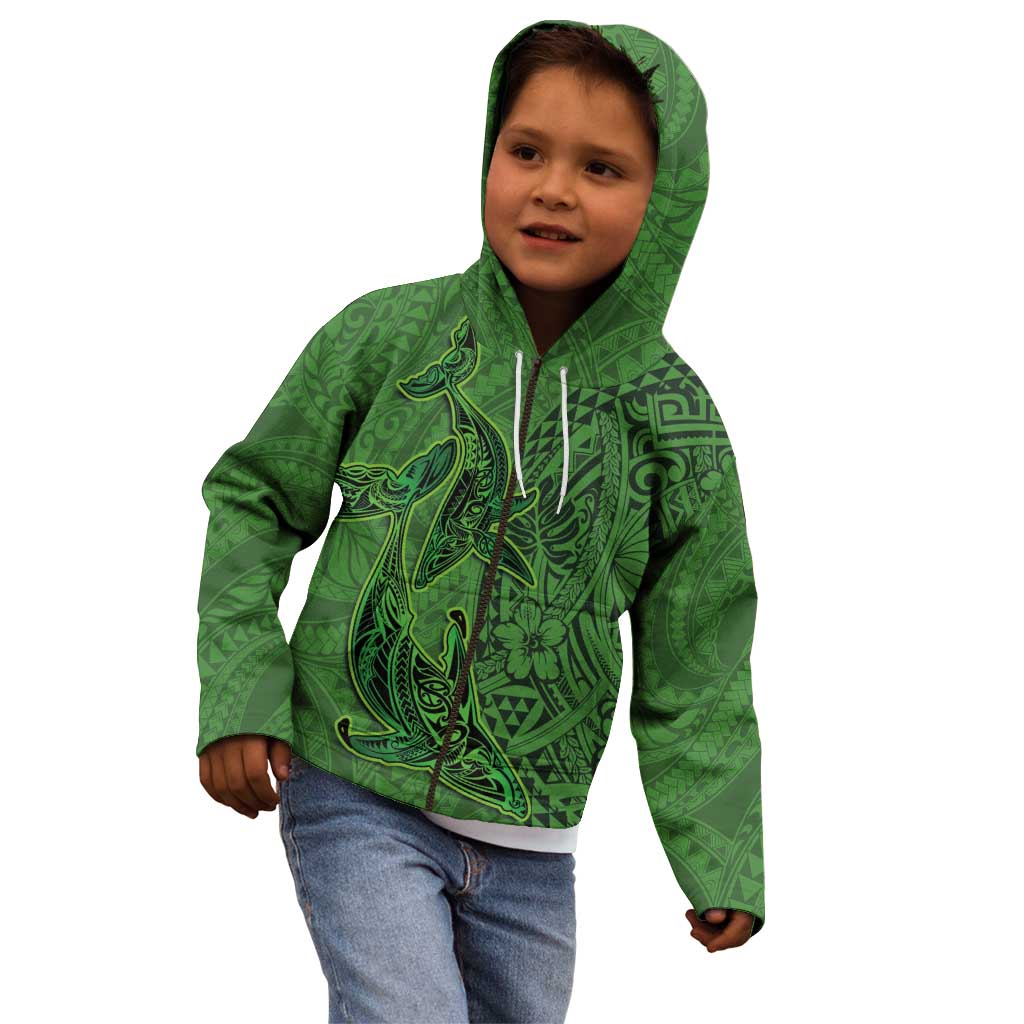 Hawaiian Whales Polynesian Art Motifs Kid Hoodie Green Color - Polynesian Pride