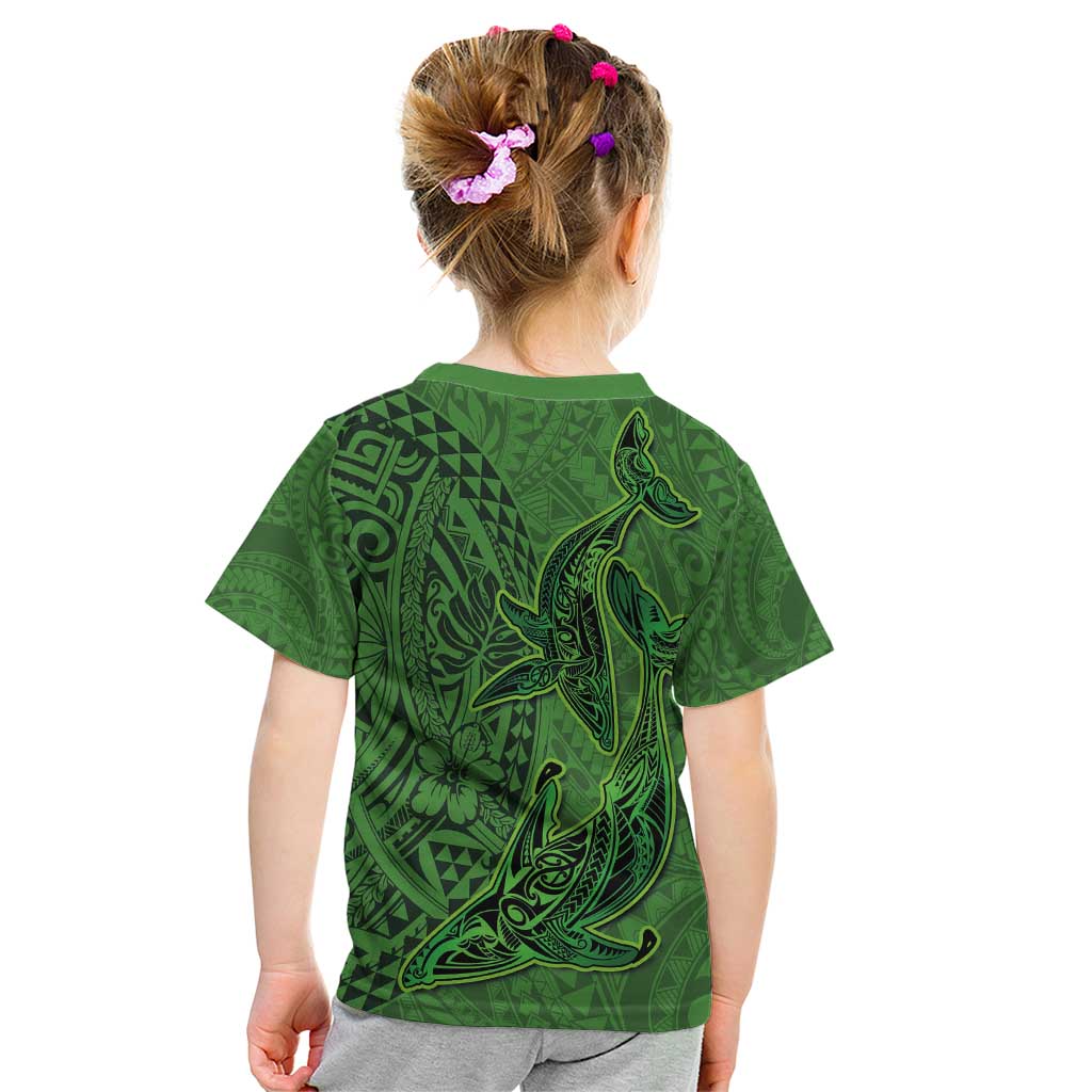 Hawaiian Whales Polynesian Art Motifs Kid T Shirt Green Color - Polynesian Pride