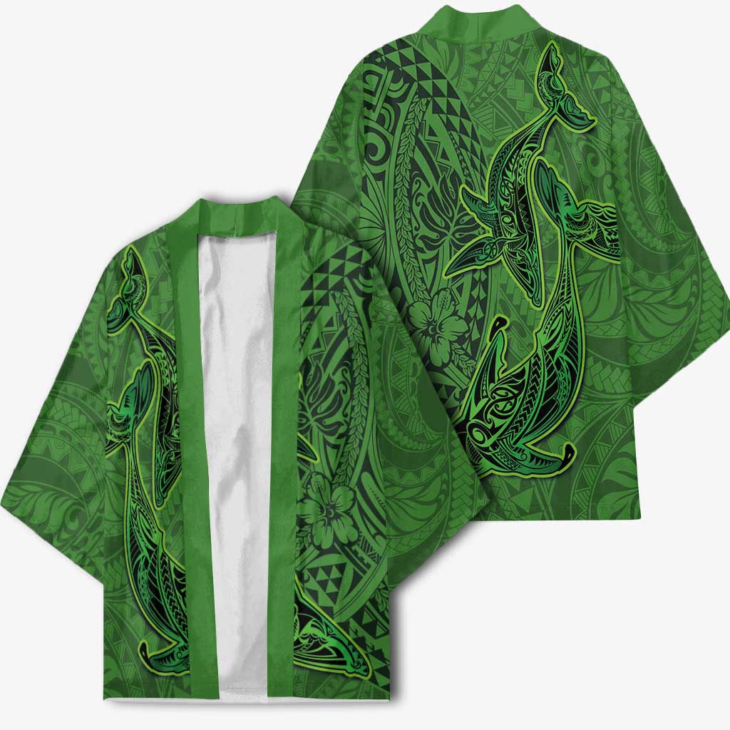Hawaiian Whales Polynesian Art Motifs Kimono Green Color - Polynesian Pride