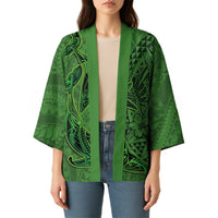 Hawaiian Whales Polynesian Art Motifs Kimono Green Color - Polynesian Pride