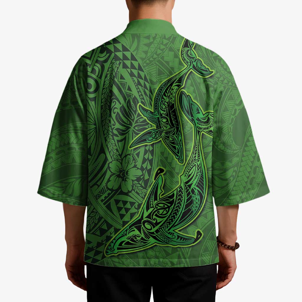 Hawaiian Whales Polynesian Art Motifs Kimono Green Color - Polynesian Pride