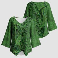 Hawaiian Whales Polynesian Art Motifs Kimono Sleeve Blouse Green Color - Polynesian Pride