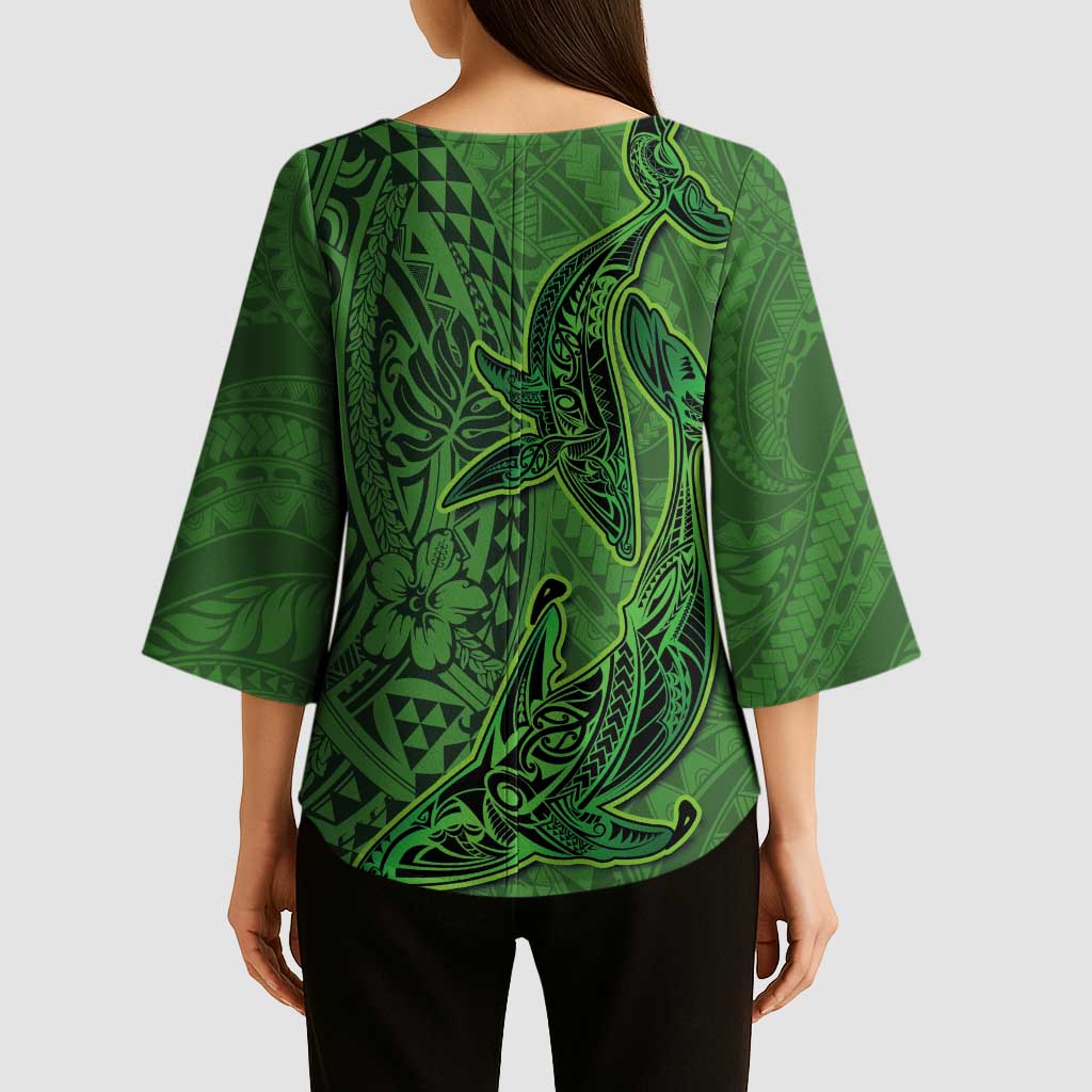 Hawaiian Whales Polynesian Art Motifs Kimono Sleeve Blouse Green Color - Polynesian Pride