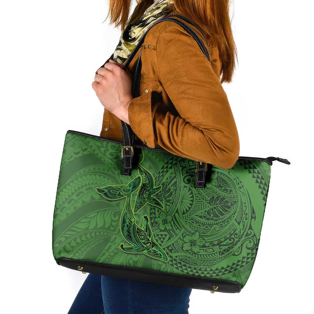 Hawaiian Whales Polynesian Art Motifs Leather Tote Bag Green Color LT03 Green - Polynesian Pride
