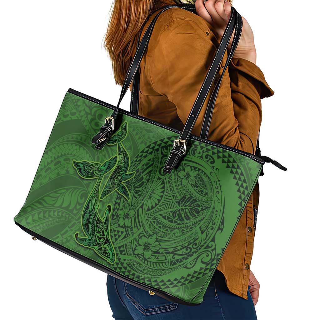 Hawaiian Whales Polynesian Art Motifs Leather Tote Bag Green Color - Polynesian Pride