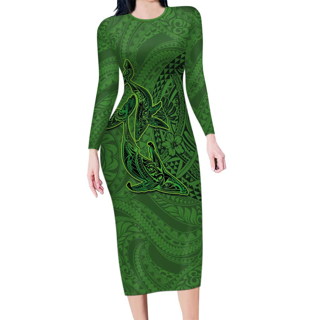 Hawaiian Whales Polynesian Art Motifs Long Sleeve Bodycon Dress Green Color - Polynesian Pride