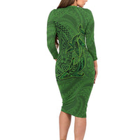 Hawaiian Whales Polynesian Art Motifs Long Sleeve Bodycon Dress Green Color - Polynesian Pride