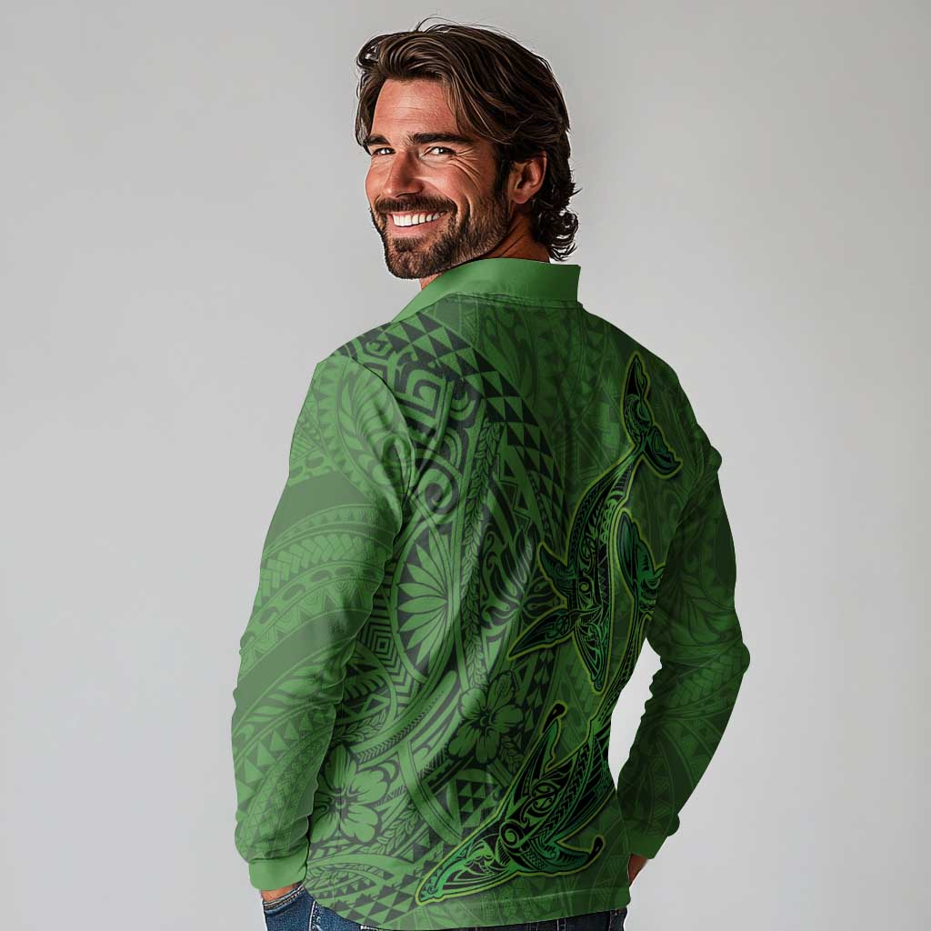 Hawaiian Whales Polynesian Art Motifs Long Sleeve Polo Shirt Green Color - Polynesian Pride