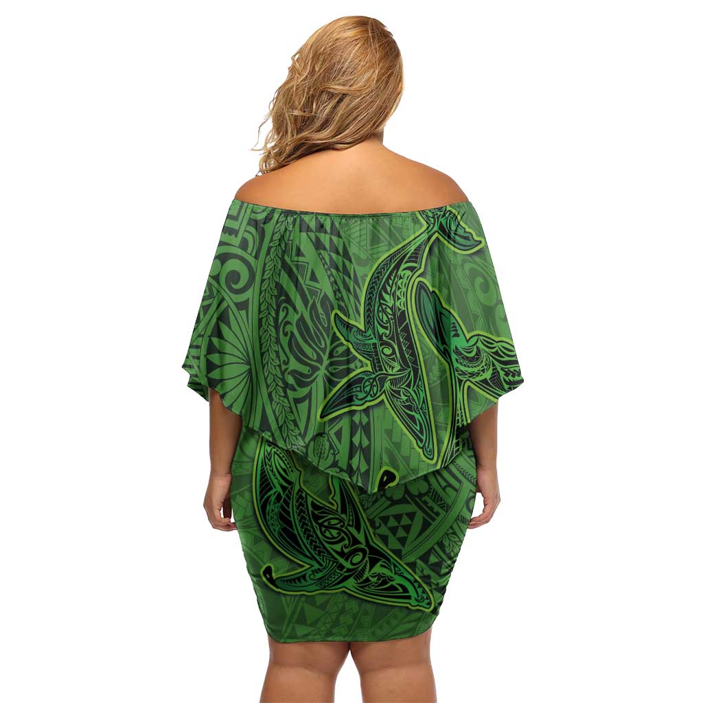 Hawaiian Whales Polynesian Art Motifs Off Shoulder Short Dress Green Color - Polynesian Pride