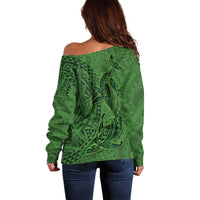 Hawaiian Whales Polynesian Art Motifs Off Shoulder Sweater Green Color - Polynesian Pride