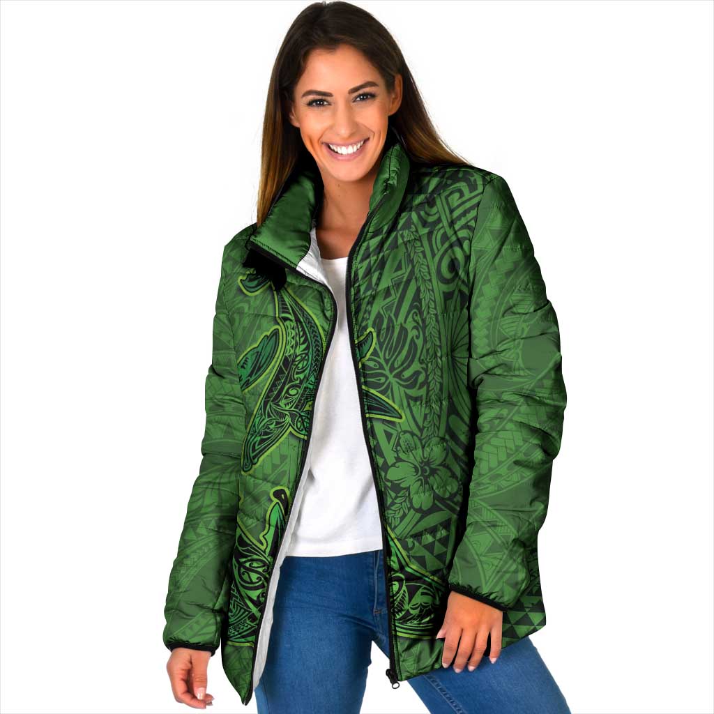 Hawaiian Whales Polynesian Art Motifs Padded Jacket Green Color - Polynesian Pride