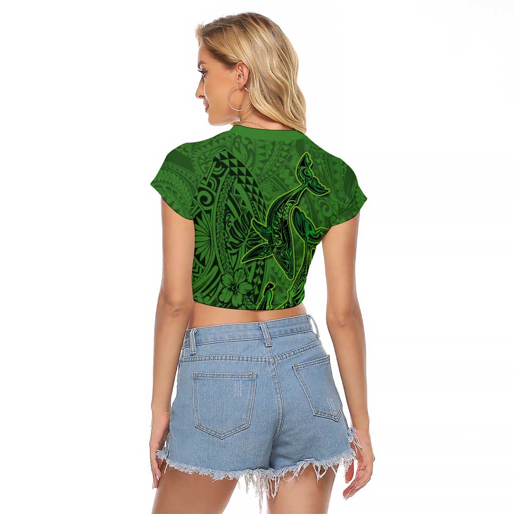 Hawaiian Whales Polynesian Art Motifs Raglan Cropped T Shirt Green Color - Polynesian Pride