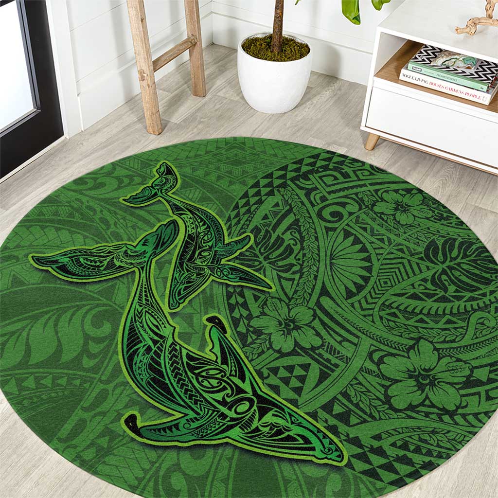 Hawaiian Whales Polynesian Art Motifs Round Carpet Green Color - Polynesian Pride