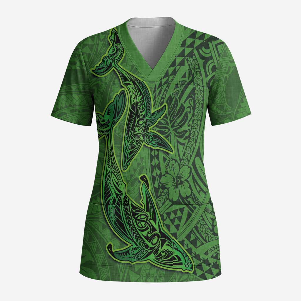 Hawaiian Whales Polynesian Art Motifs Scrub Top Green Color LT03 Adult Green - Polynesian Pride