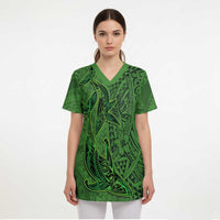 Hawaiian Whales Polynesian Art Motifs Scrub Top Green Color - Polynesian Pride