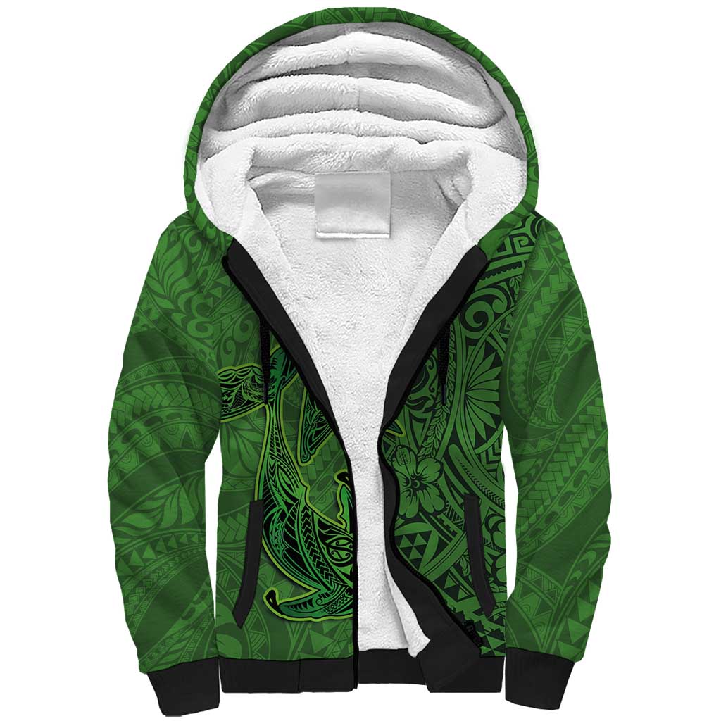 Hawaiian Whales Polynesian Art Motifs Sherpa Hoodie Green Color LT03 Unisex Green - Polynesian Pride