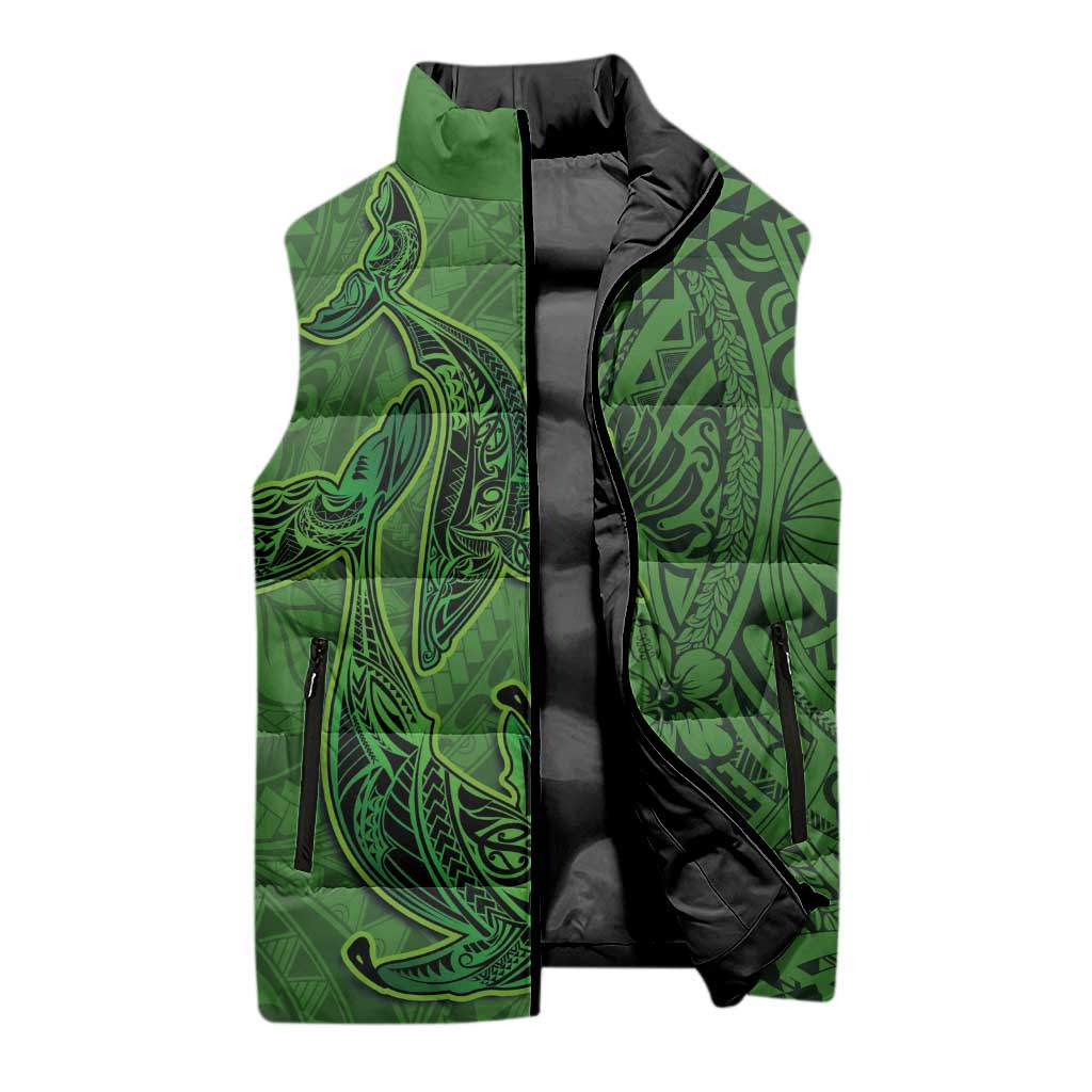 Hawaiian Whales Polynesian Art Motifs Sleeveless Puffer Jacket Green Color - Polynesian Pride