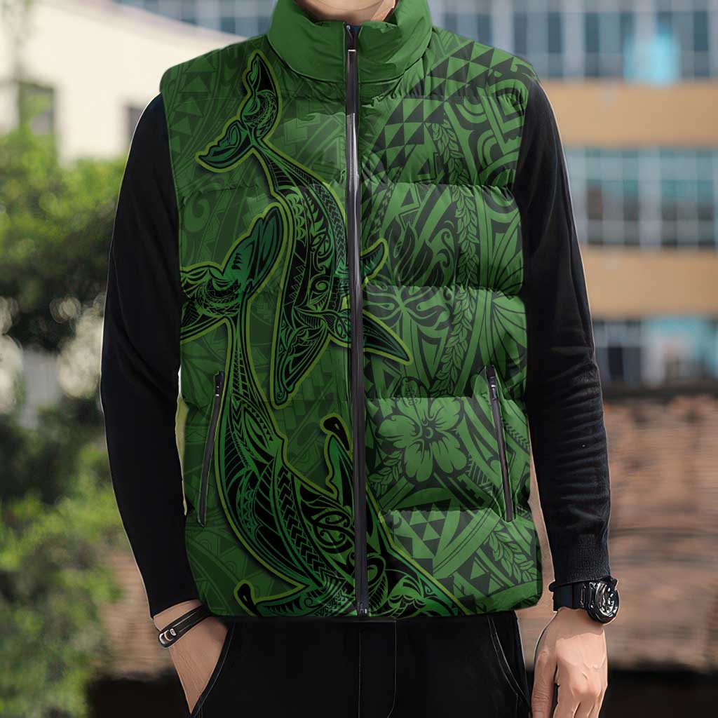 Hawaiian Whales Polynesian Art Motifs Sleeveless Puffer Jacket Green Color - Polynesian Pride