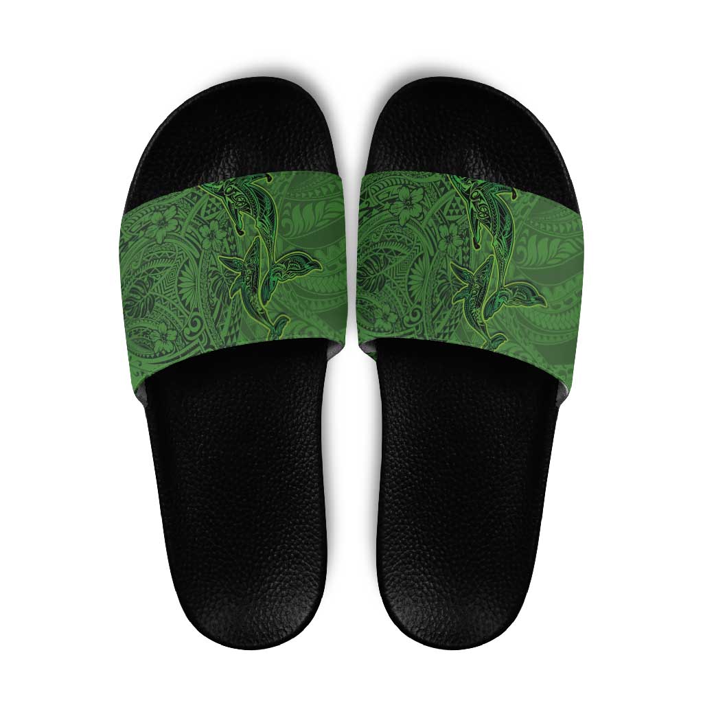 Hawaiian Whales Polynesian Art Motifs Slide Sandals Green Color LT03 Green - Polynesian Pride