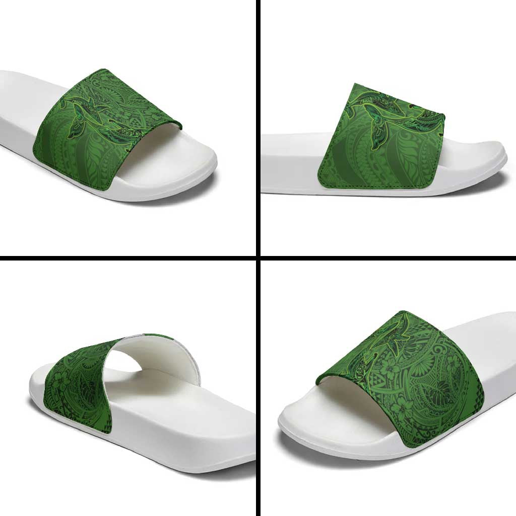 Hawaiian Whales Polynesian Art Motifs Slide Sandals Green Color - Polynesian Pride
