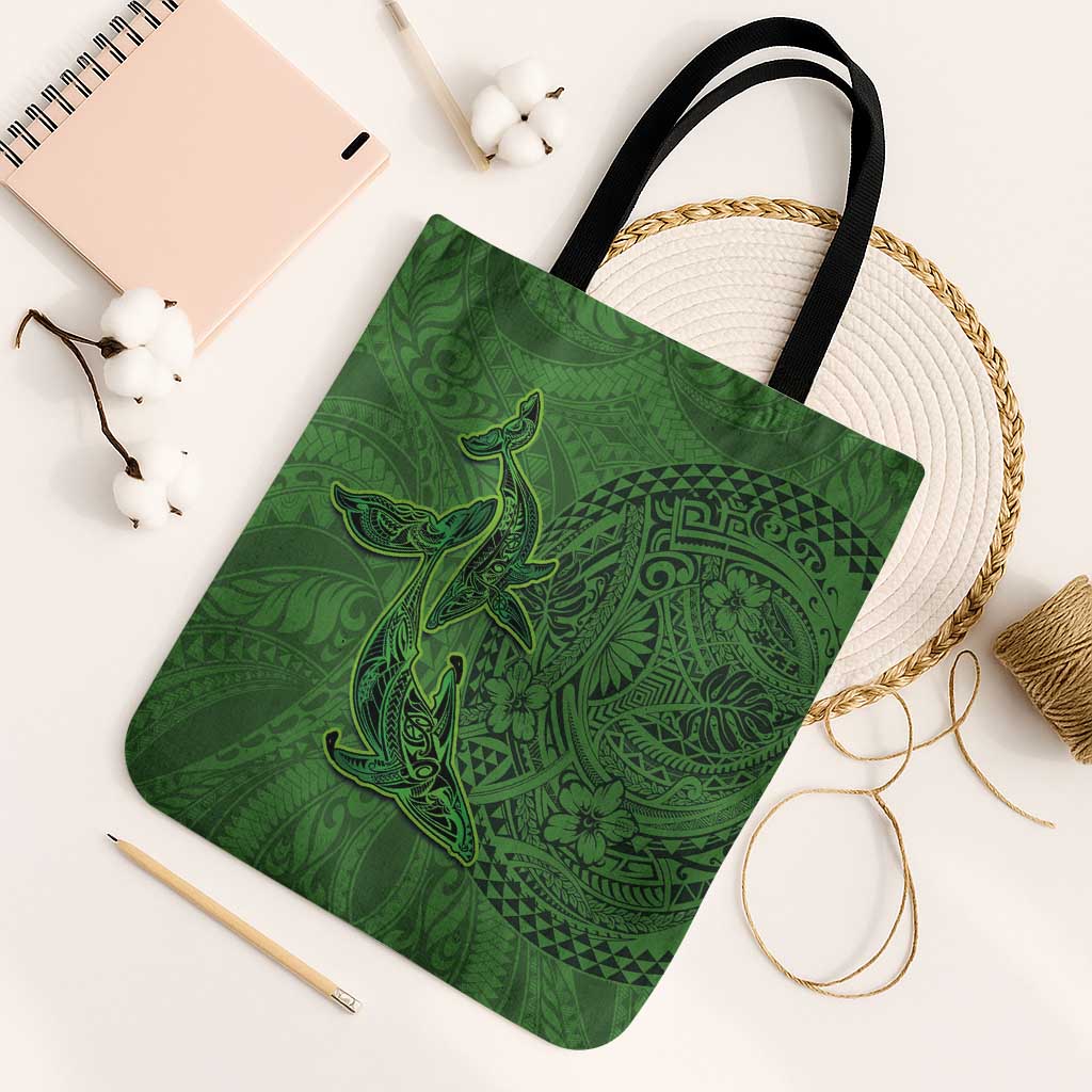 Hawaiian Whales Polynesian Art Motifs Tote Bag Green Color LT03 Black Strap One Size Green - Polynesian Pride