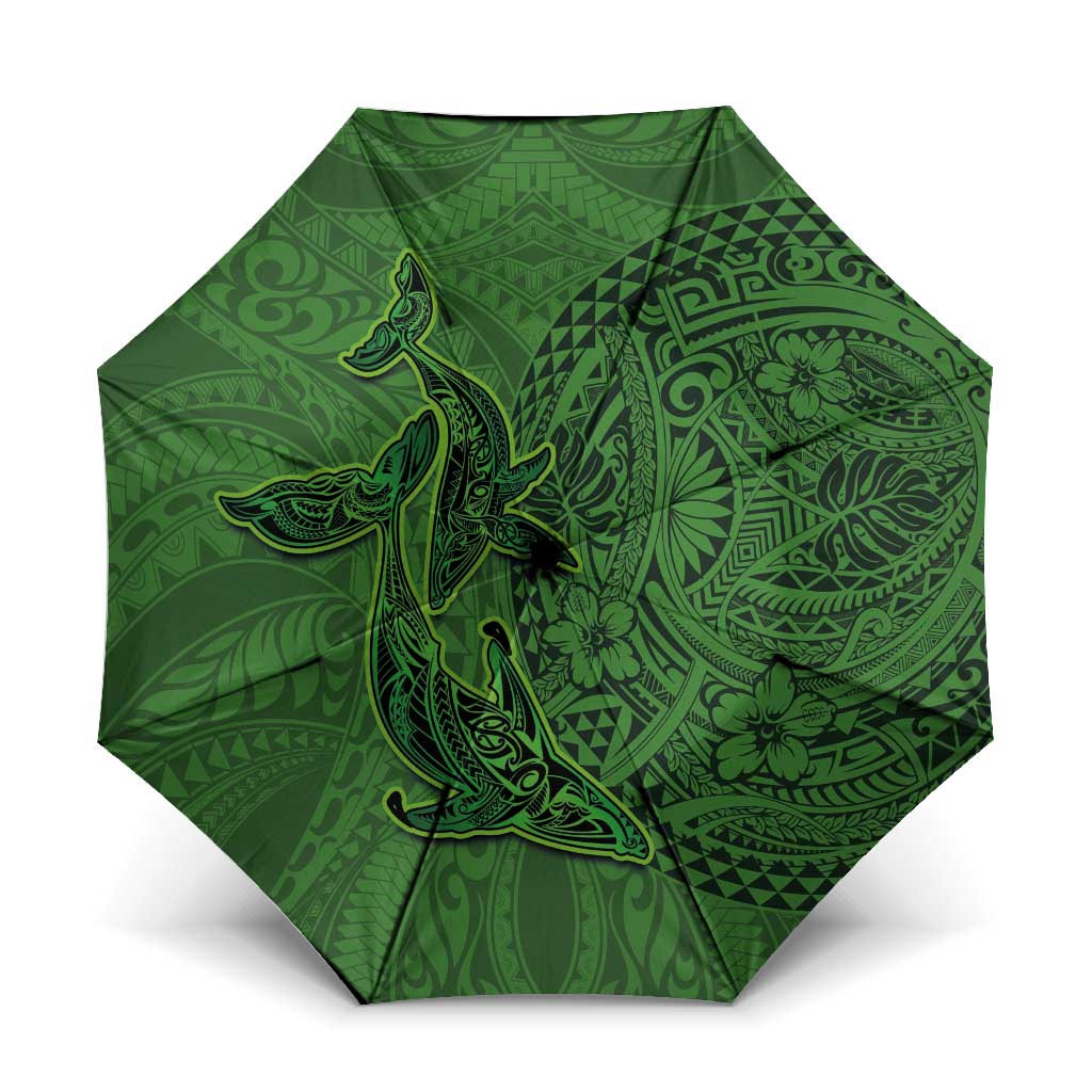 Hawaiian Whales Polynesian Art Motifs Umbrella Green Color LT03 One Size Folded 11.42 inch Opened Diameter 37.4 inch Green - Polynesian Pride