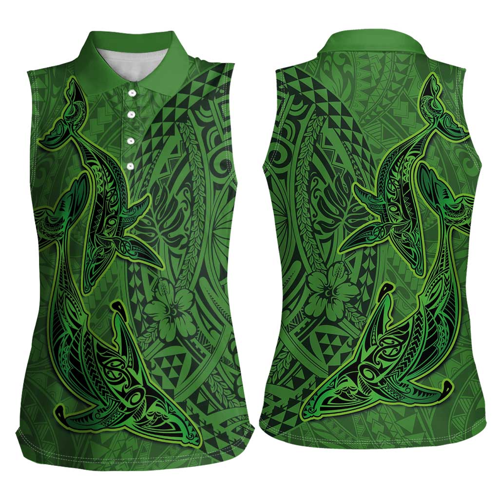 Hawaiian Whales Polynesian Art Motifs Women Sleeveless Polo Shirt Green Color - Polynesian Pride
