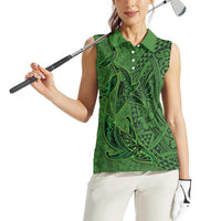 Hawaiian Whales Polynesian Art Motifs Women Sleeveless Polo Shirt Green Color - Polynesian Pride